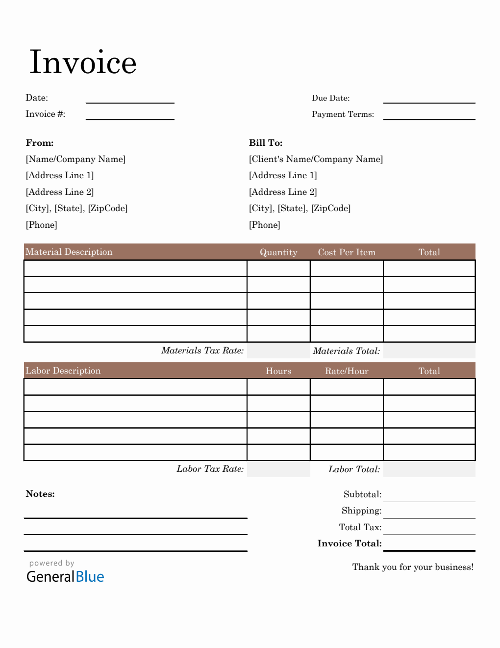 Construction Invoice Template in Excel (Basic)