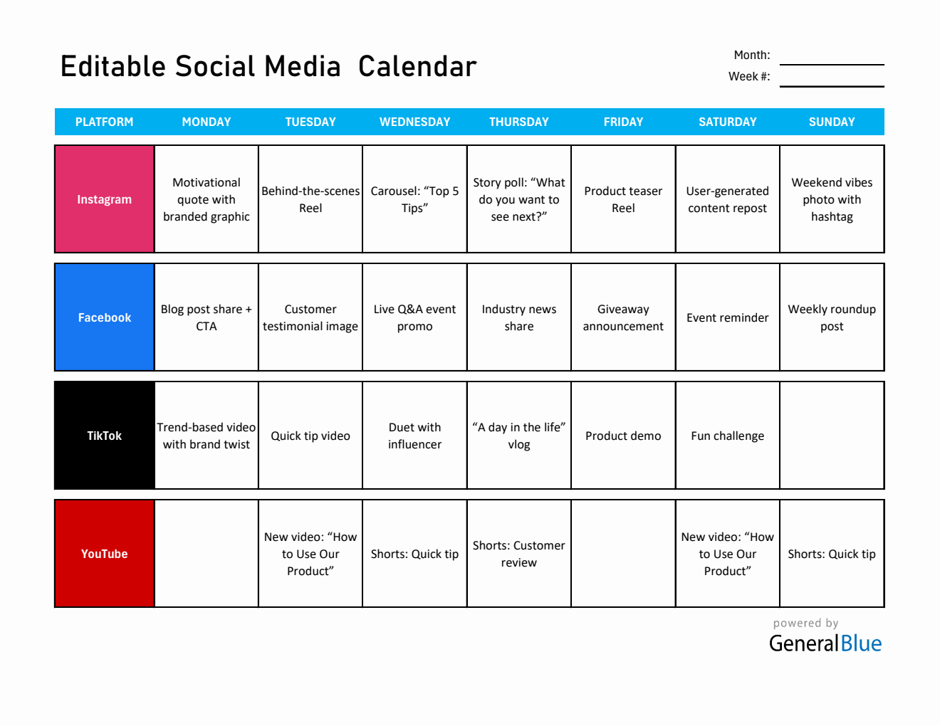 Free Editable Content Calendar Template in Excel