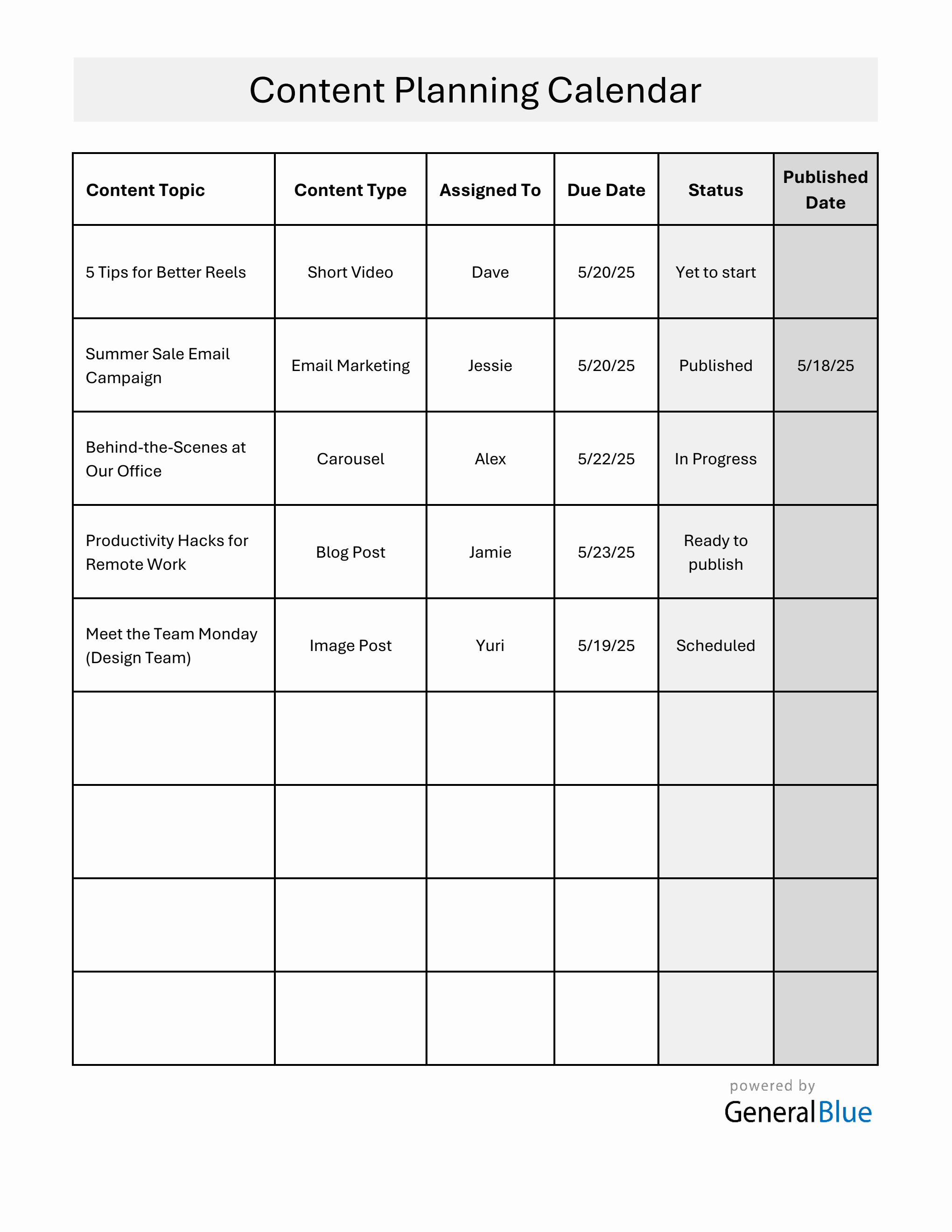 Free Content Planning Calendar in Excel