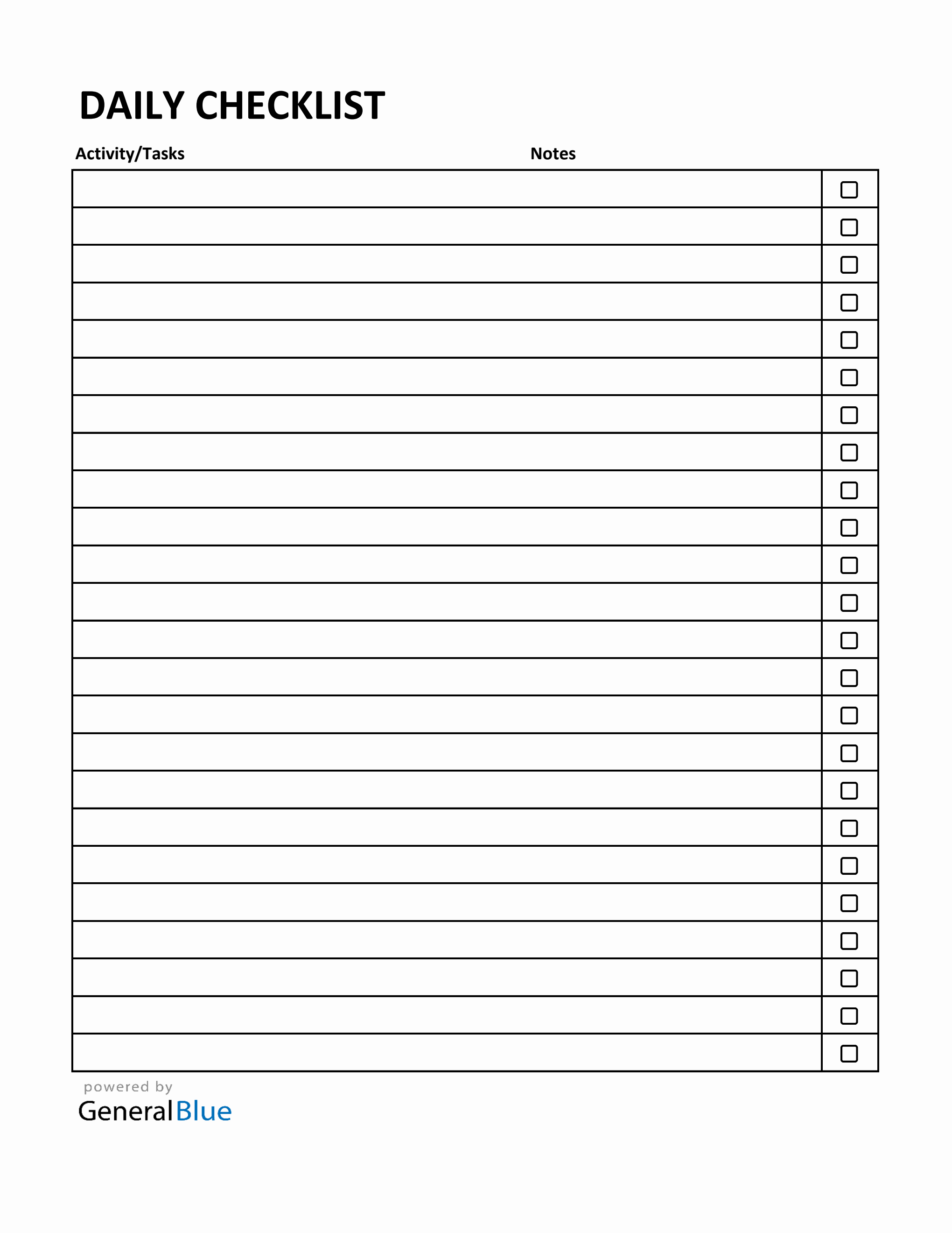 Free Daily Checklist Template (Classic) in Excel Format