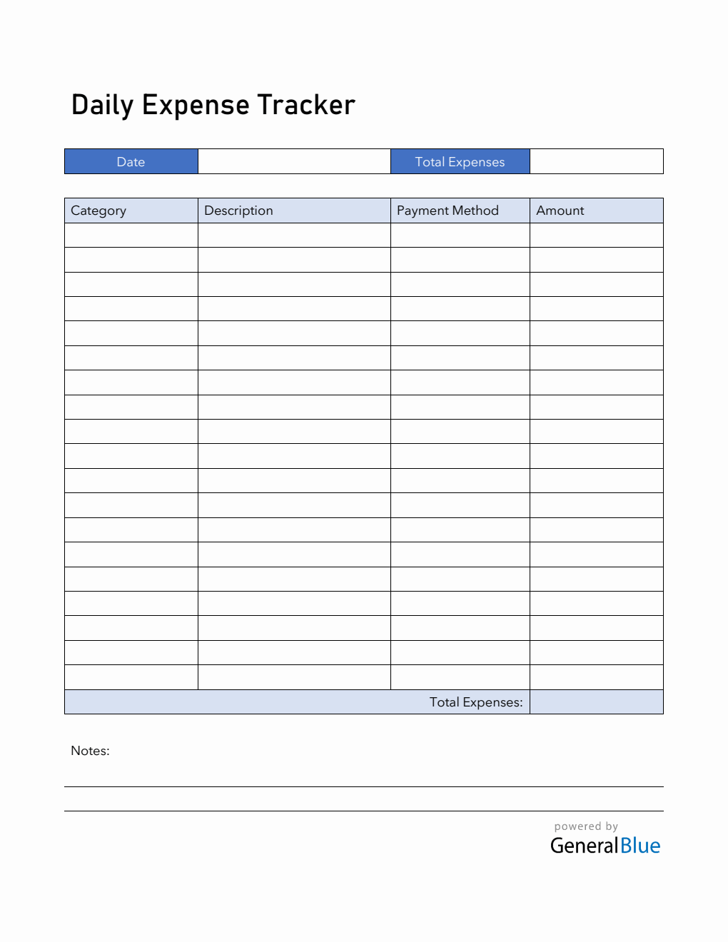 Daily Expense Tracker in Word (Blue)