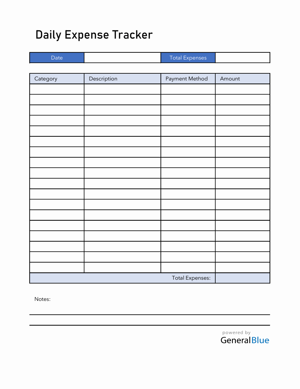 Daily Expense Tracker in Excel (Blue)