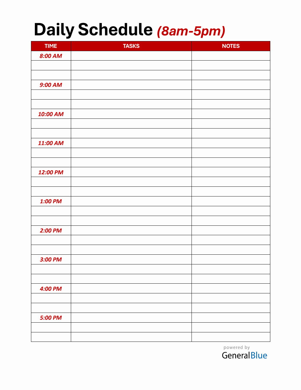 Daily Schedule Template PDF with Time Slots (8Am To 5Pm)