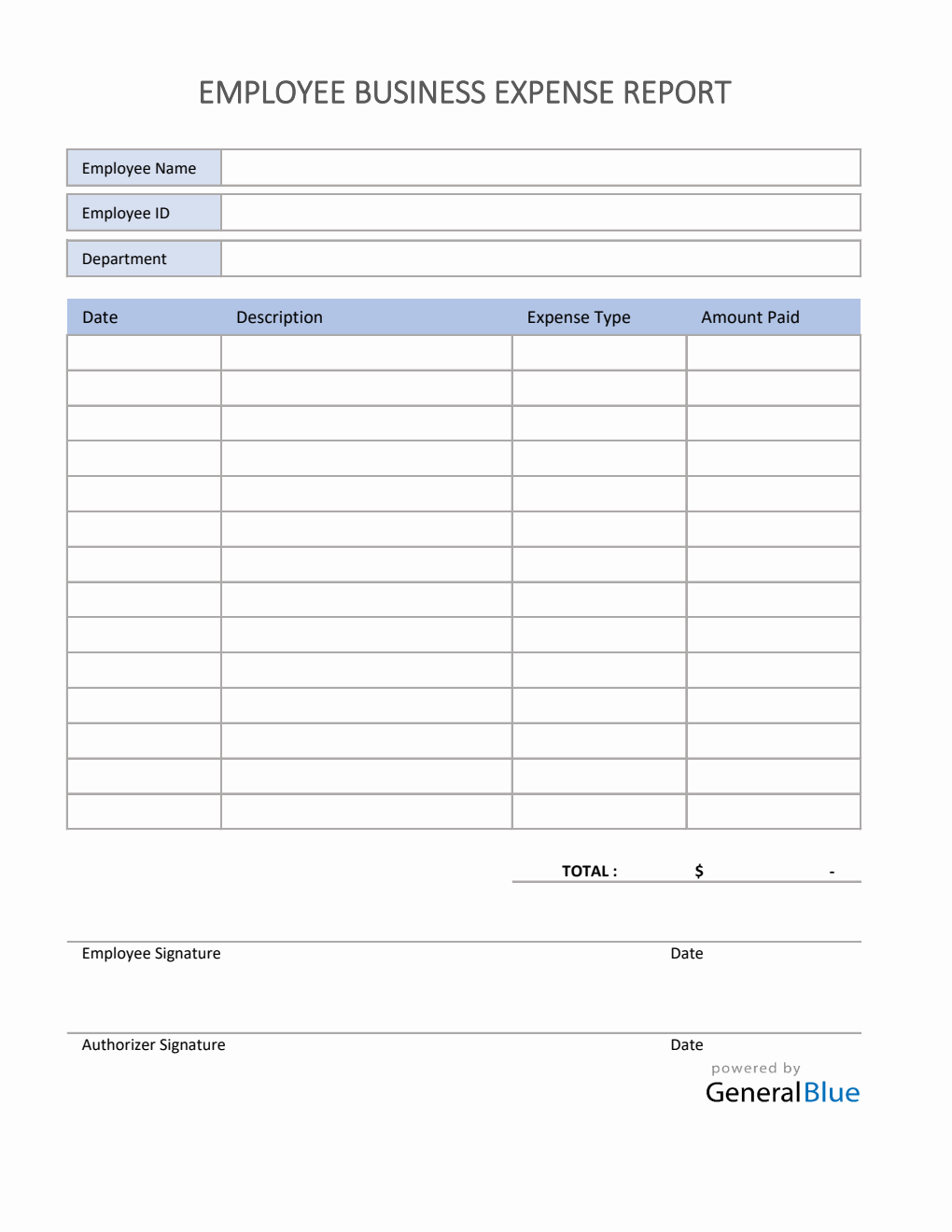 Employee Business Expense Report Template in Excel