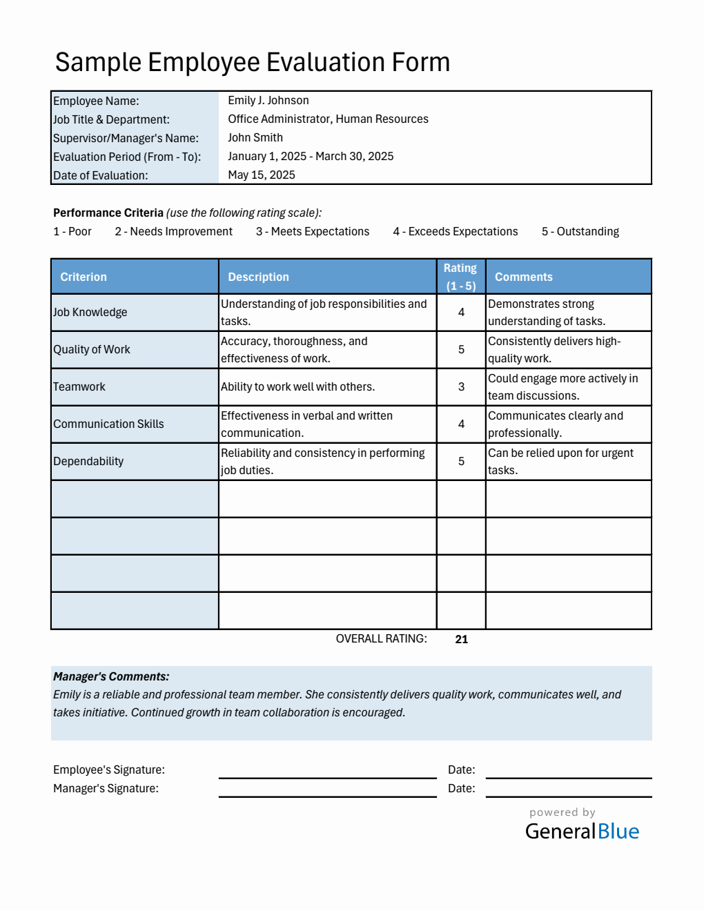 Excel Employee Evaluation Form (Editable)