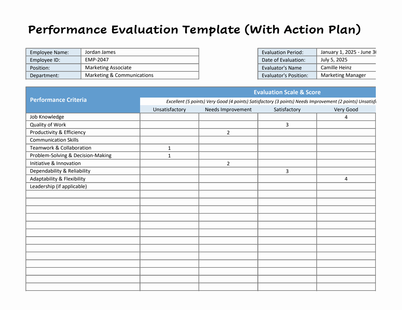 Employee Evaluation Template with Action Plan | Free to Download in Excel