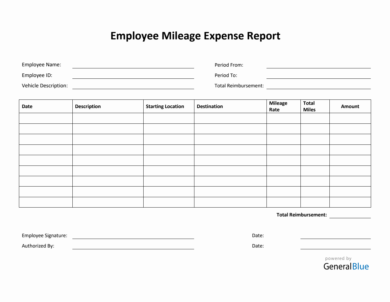 Printable Employee Mileage Expense Report Template in PDF