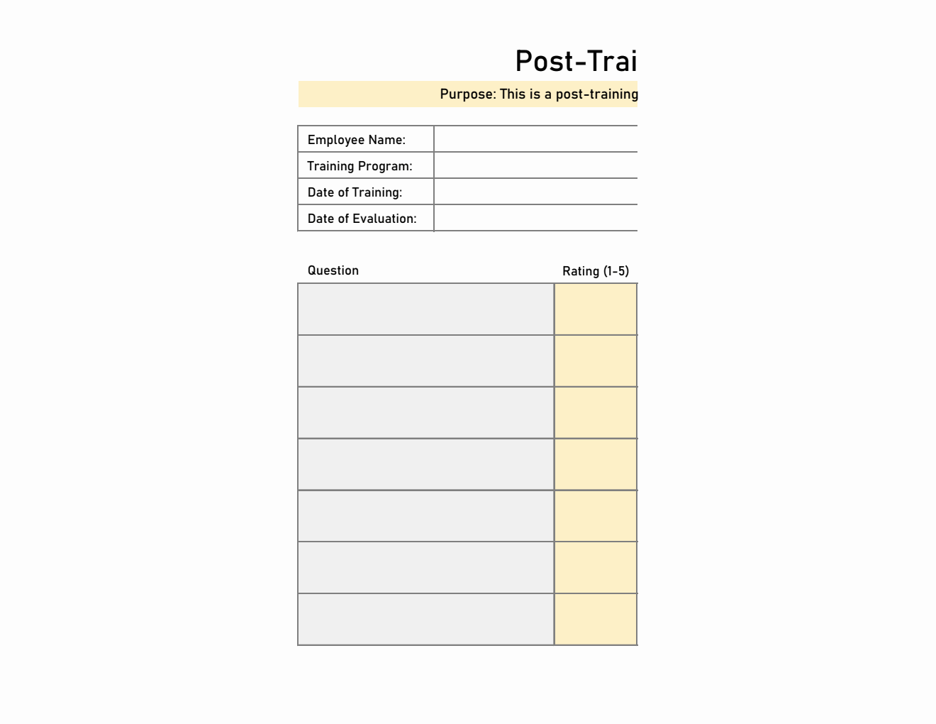 Free Employee Post-Training Evaluation Form  in Excel