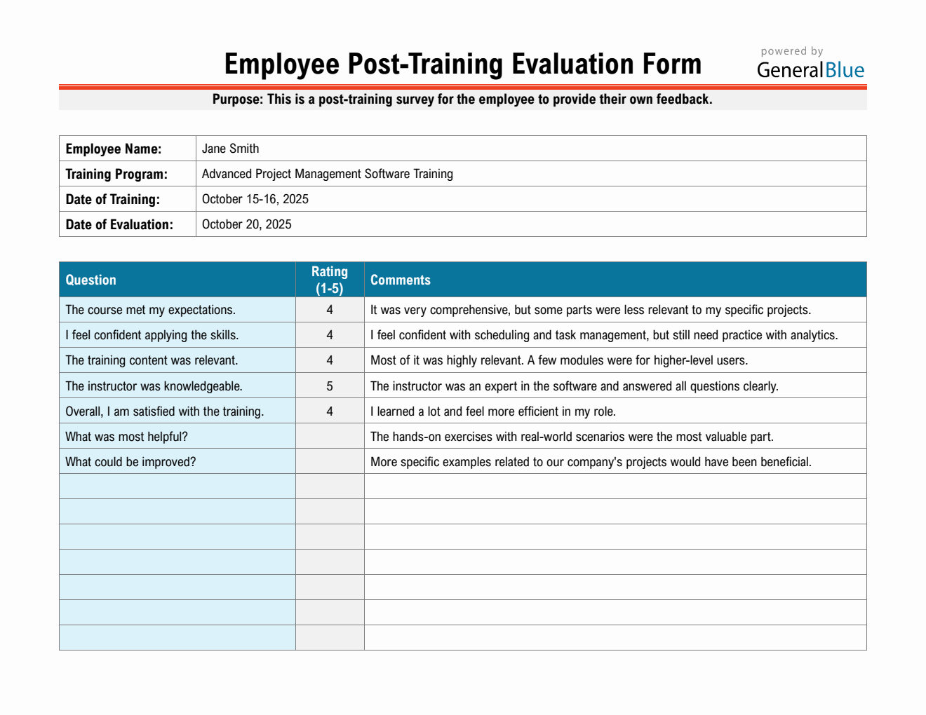 Post Training Project Free Employee Post-Training Evaluation Form Downloadable in Word