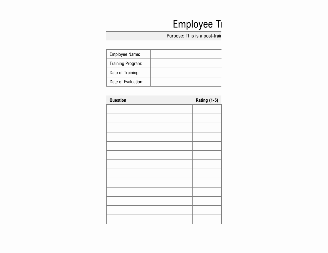Free Employee Post-Training Evaluation Form Printable in Excel