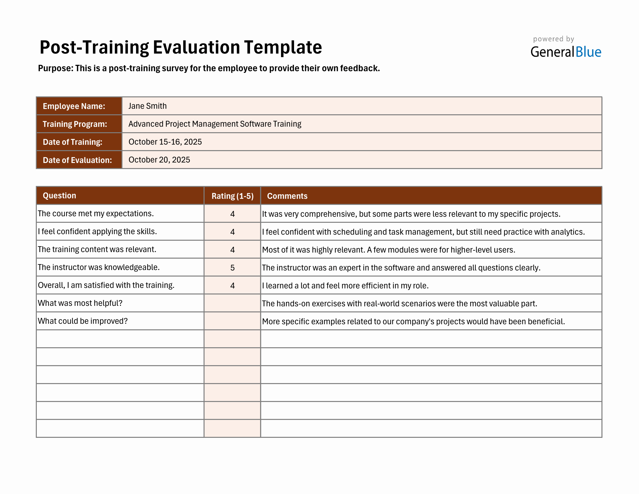 Post Training Project Free Employee Post-Training Evaluation Form Downloadable in Excel