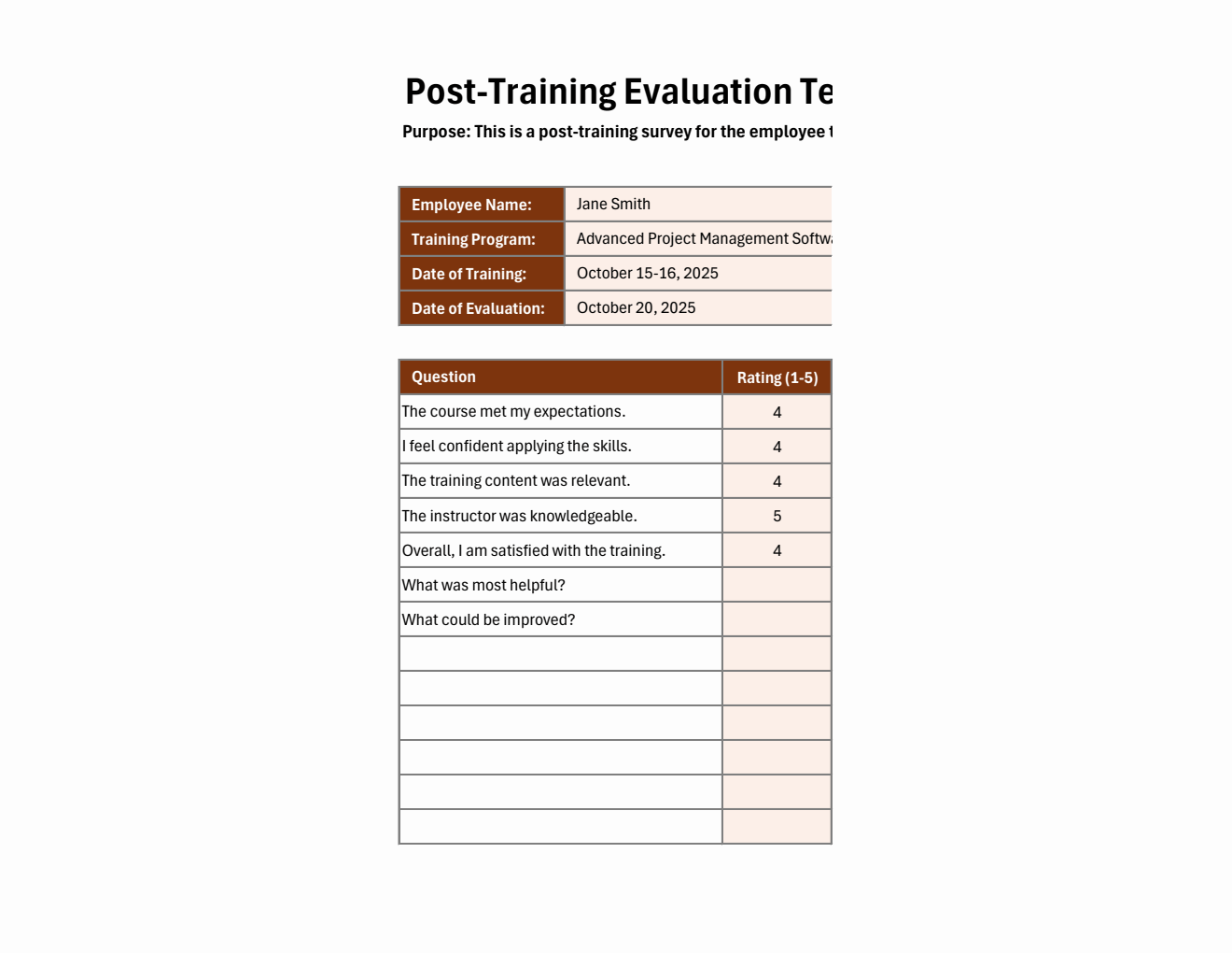 Free Employee Post-Training Evaluation Form Downloadable in Excel