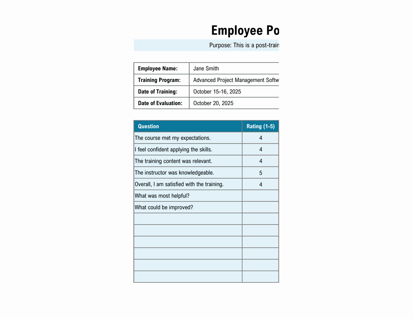 Free Employee Post-Training Evaluation Form Editable in Excel