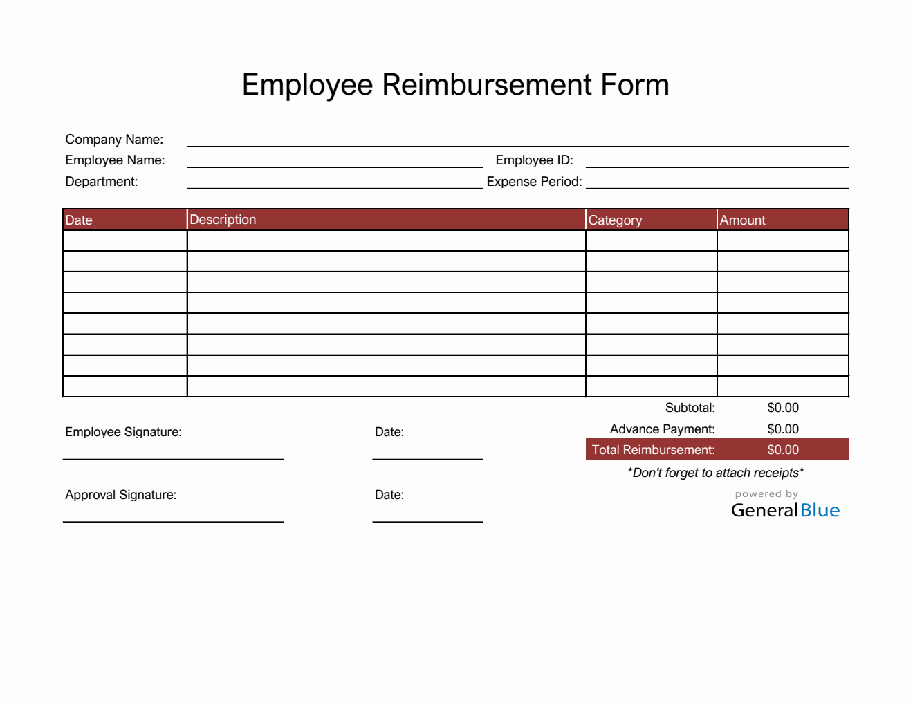 Employee Reimbursement Form in Excel (Red)