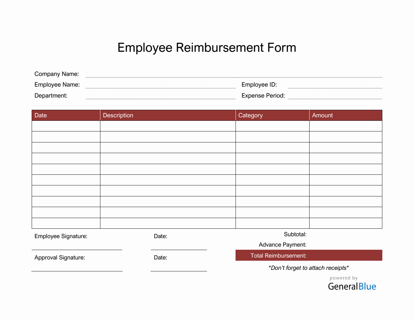 Employee Reimbursement Form in Word (Red)