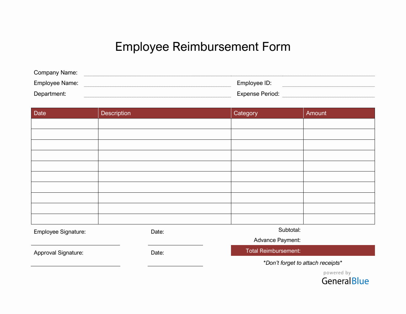 Employee Reimbursement Form in PDF (Red)