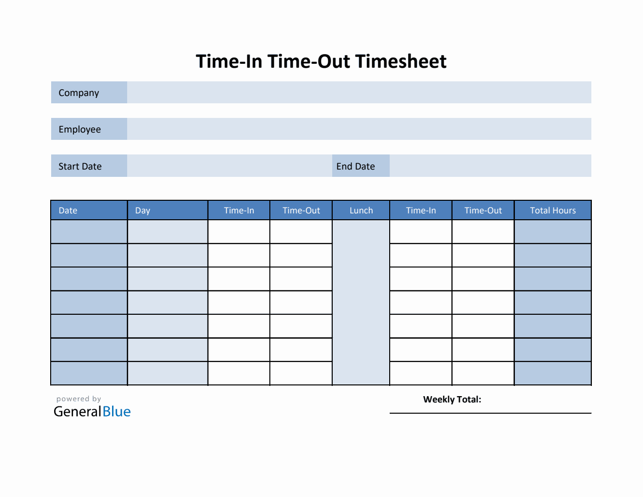 Employee Timesheet in Excel (Blue)