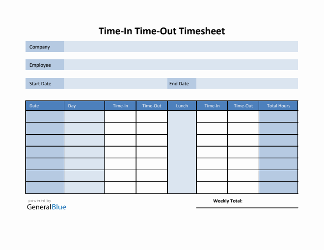 Employee Timesheet in Excel (Blue)