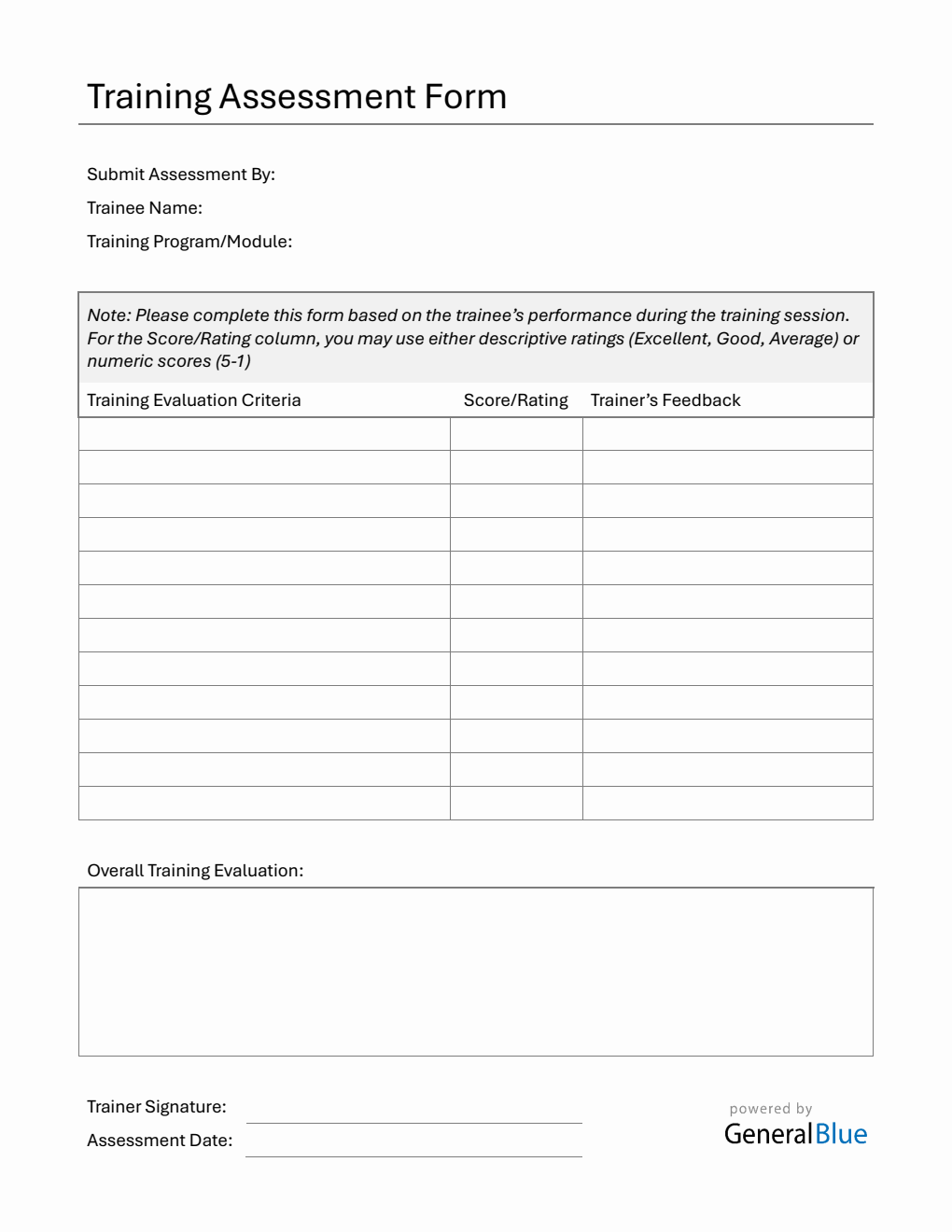 Printable Employee Training Assessment Form - Free Word Download