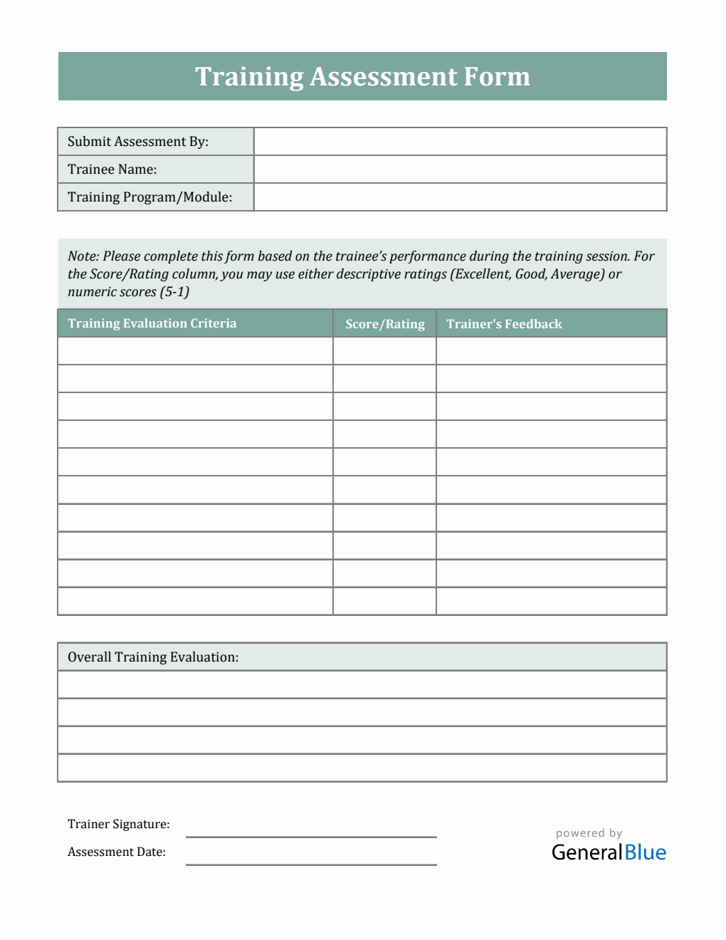 Employee Training Assessment Form - Free Excel Download