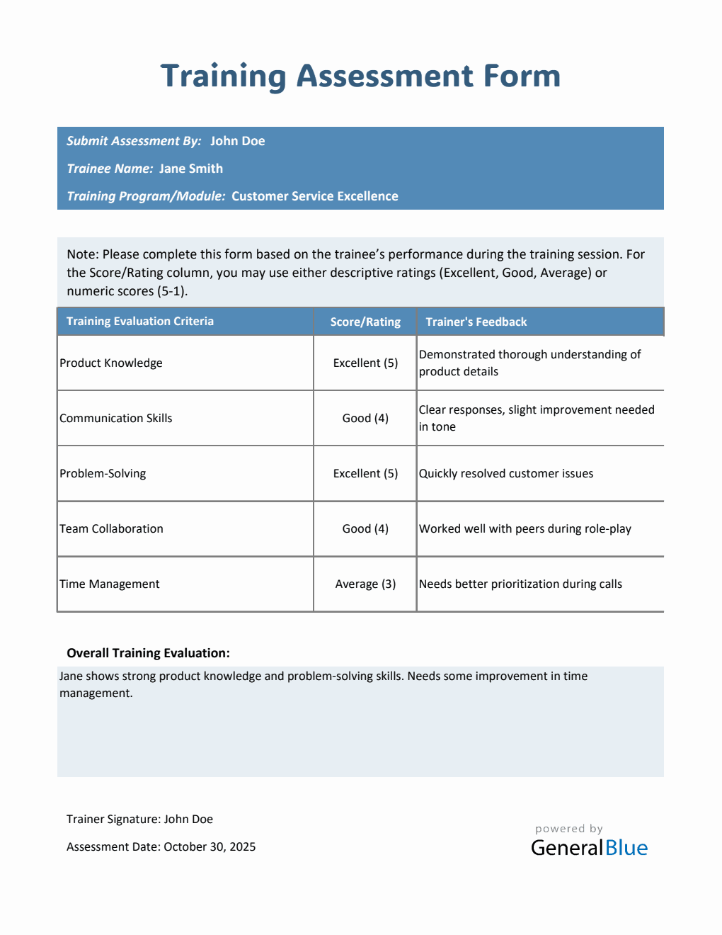 Customizable Employee Training Assessment Form - Free Excel Download