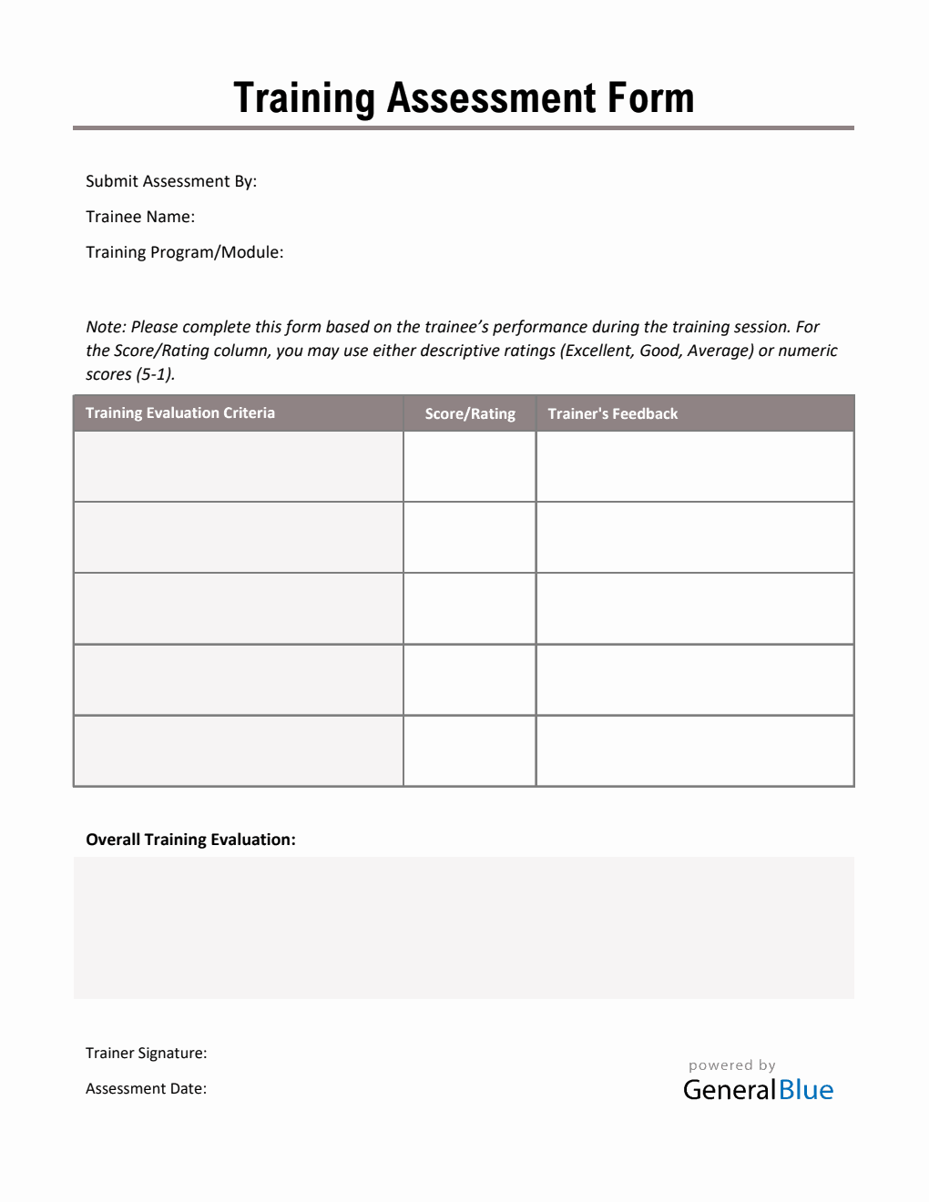 Editable Assessment Form Editable Employee Training Assessment Form - Free Excel Download