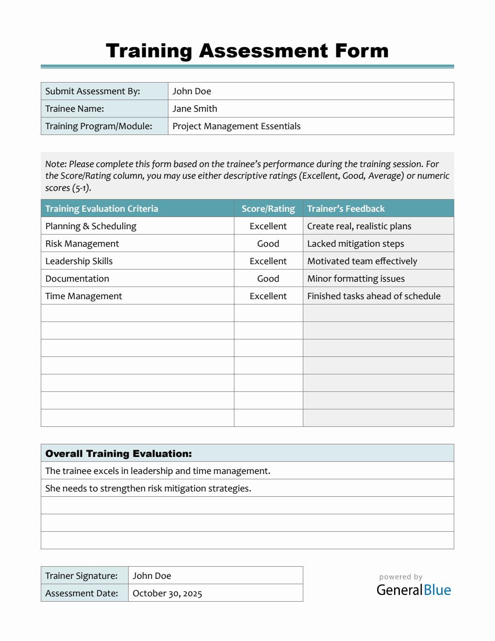 Downloadable Employee Training Assessment Form - Free Word Download