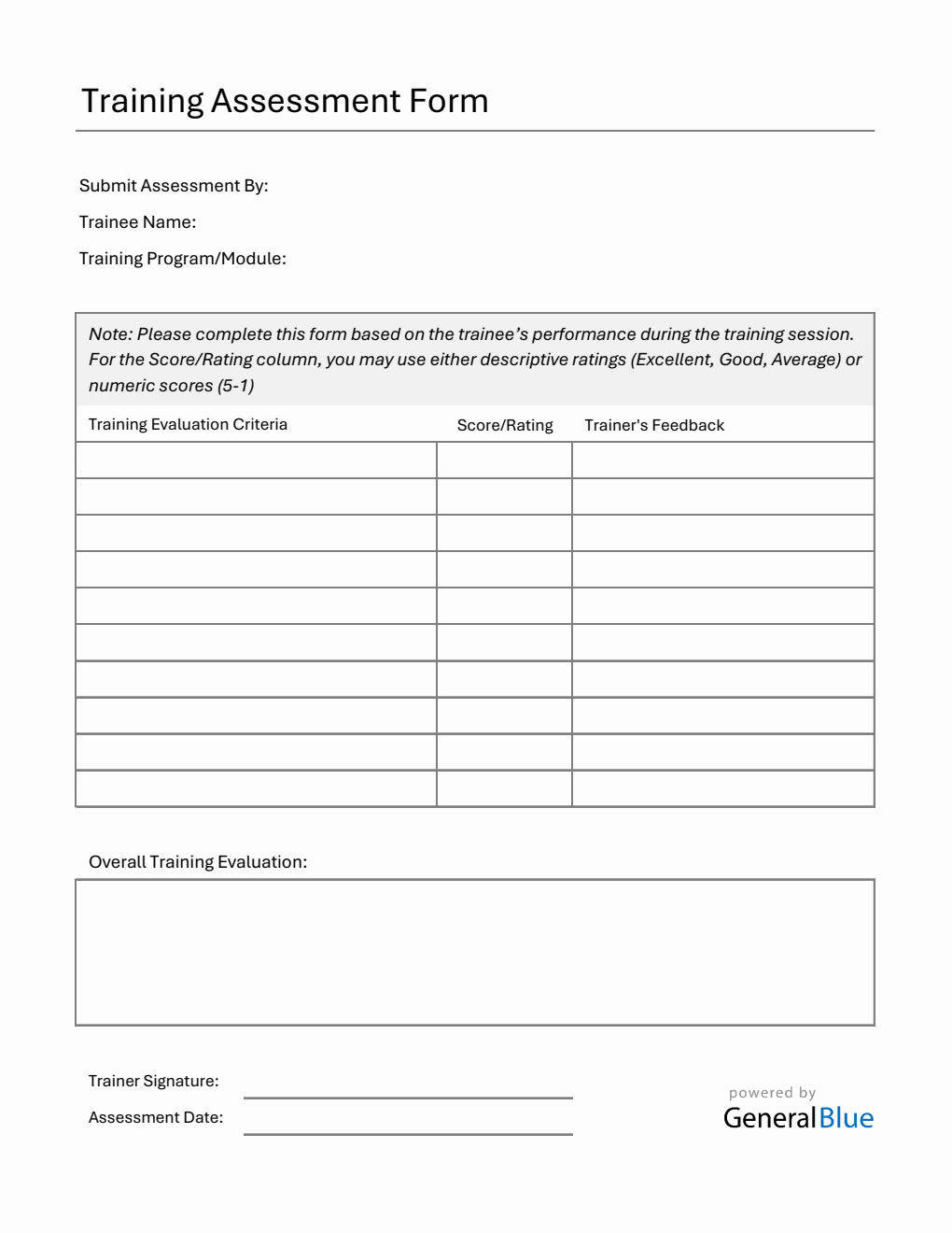 Printable Employee Training Assessment Form - Free Excel Download