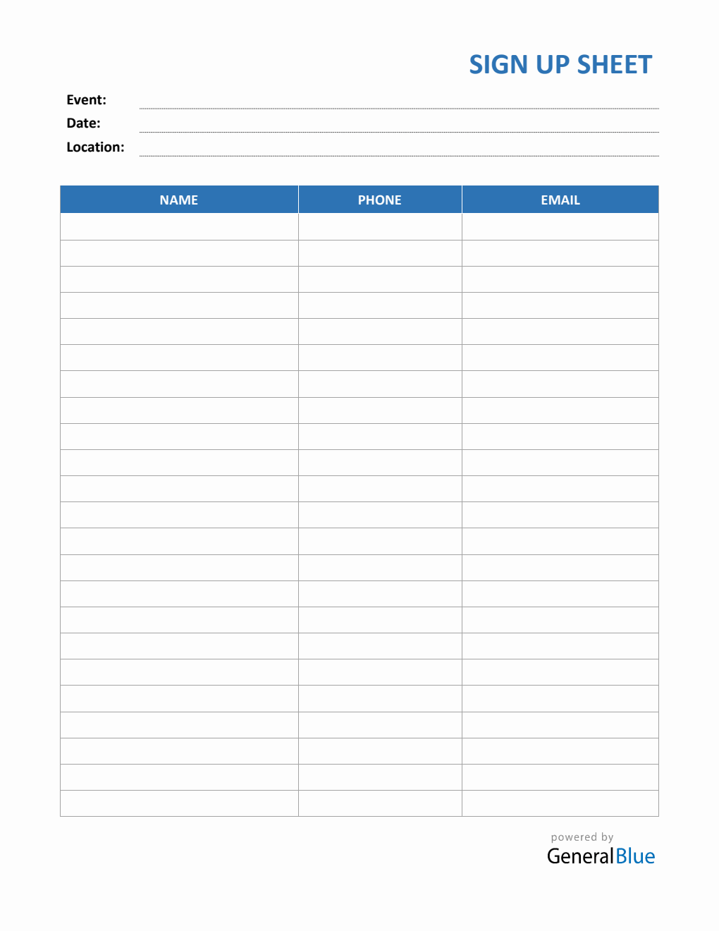 Event Sign Up Sheet in PDF