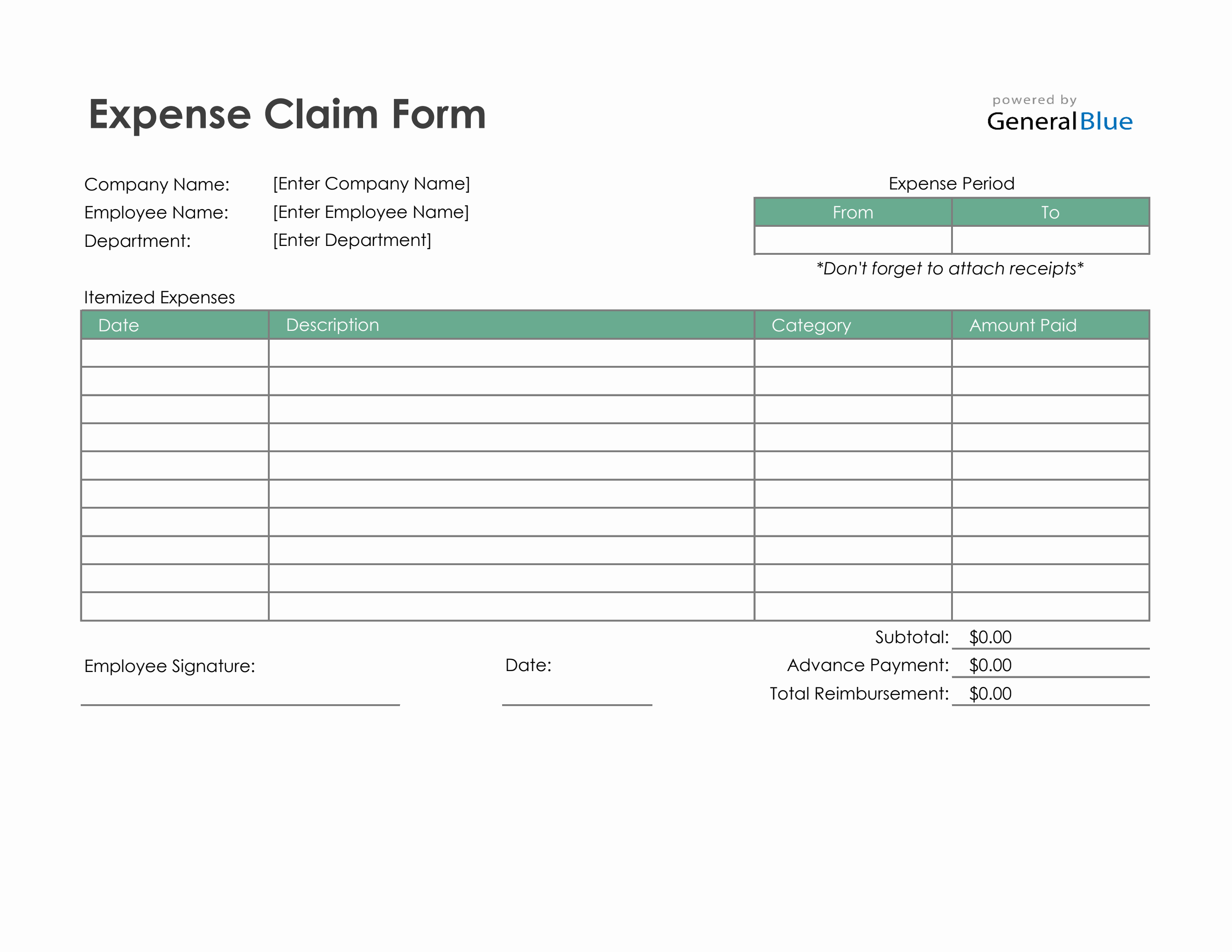 Expense Claim Form in Excel (Green)