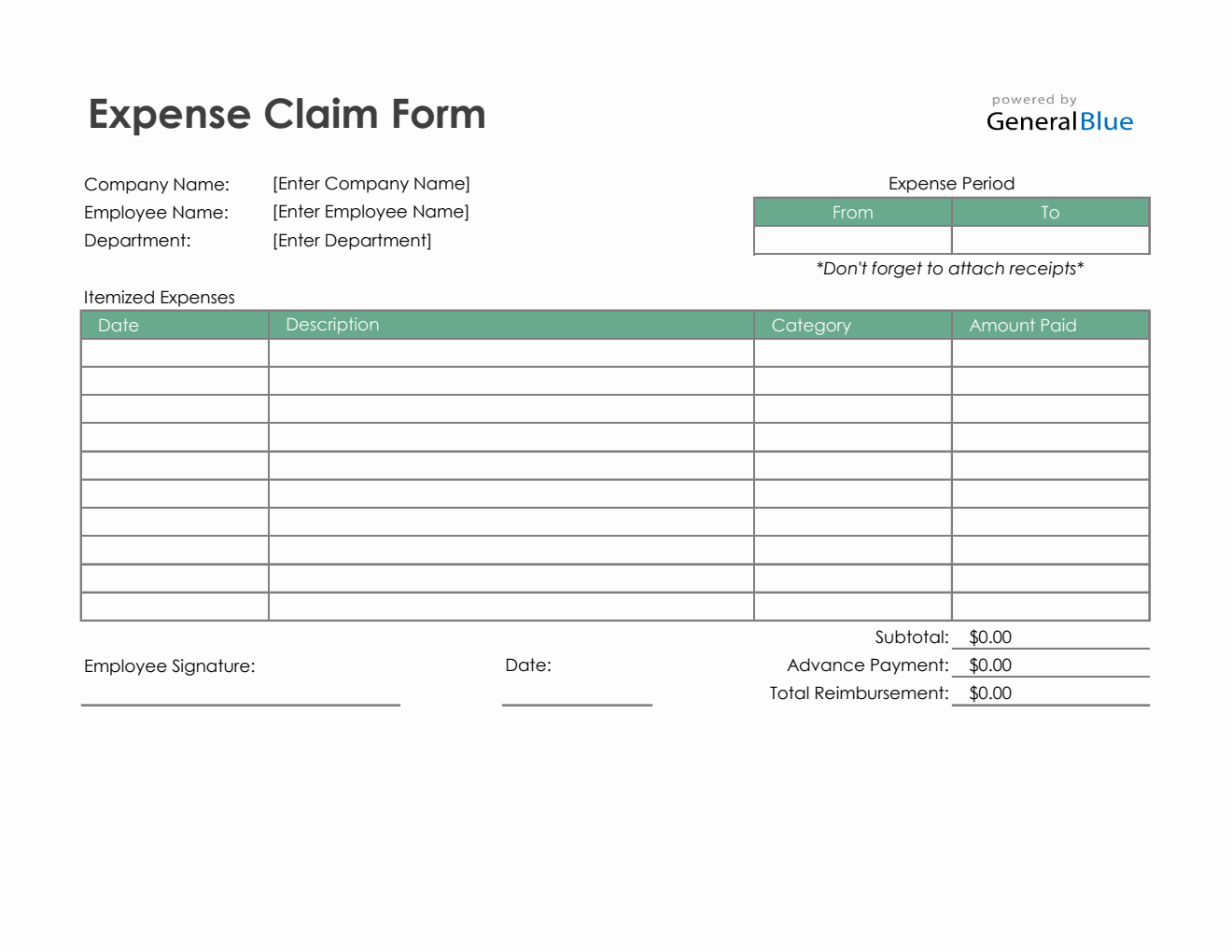 Expense Claim Form in Excel (Green)