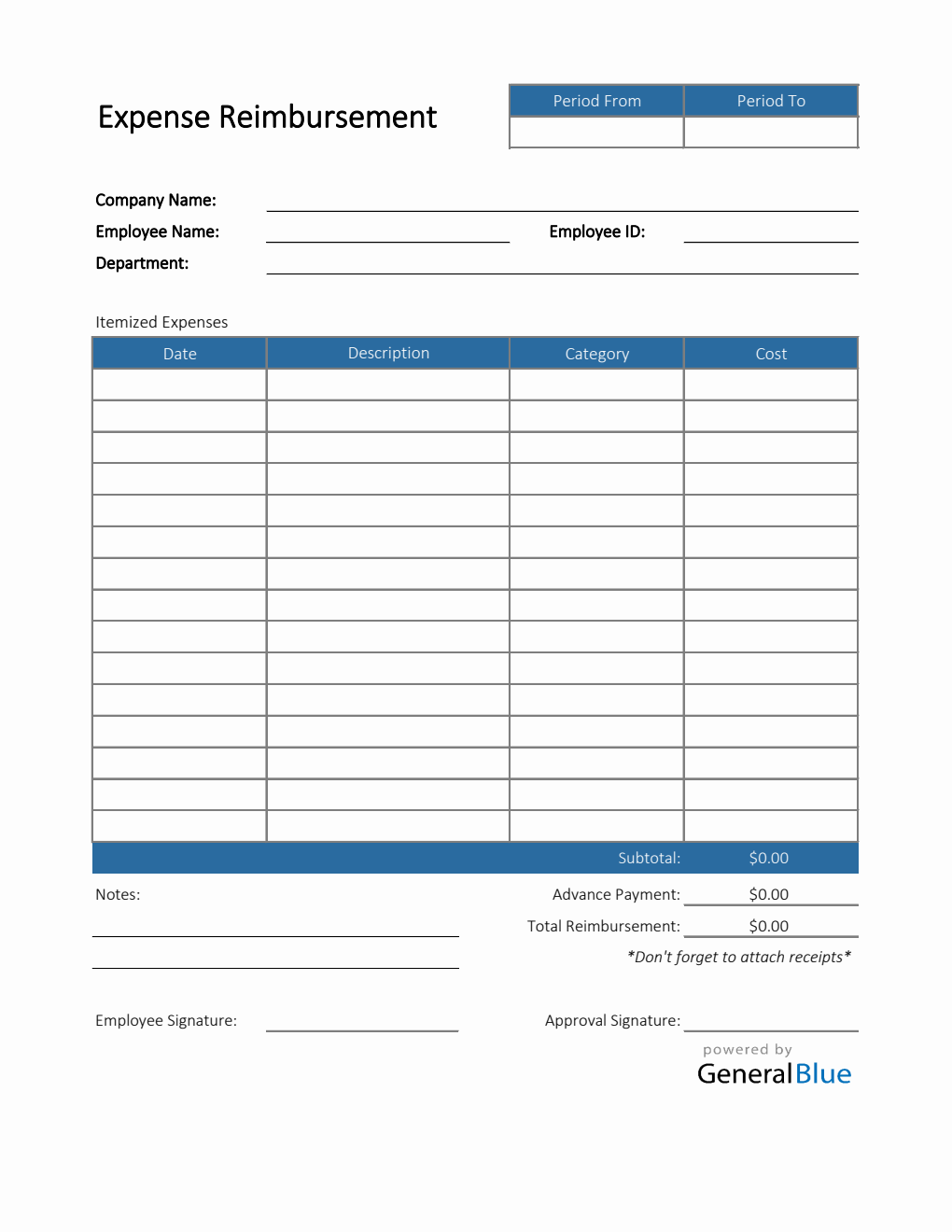 Expense Reimbursement Form in Excel (Blue)