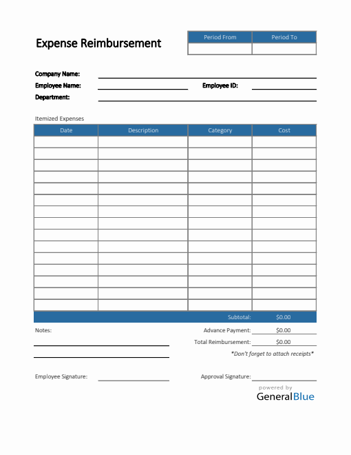 Expense Reimbursement Form in Excel (Blue)