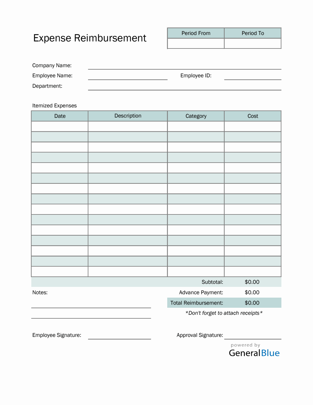 Expense Reimbursement Form in Excel (Striped)