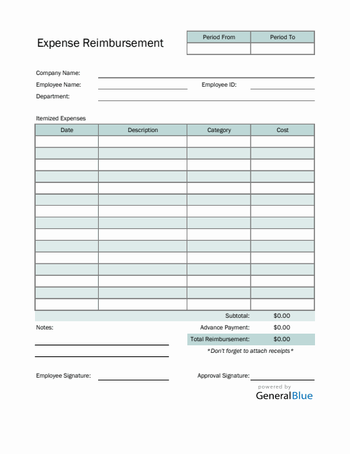 Expense Reimbursement Form in Excel (Striped)