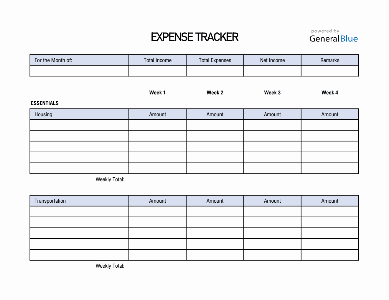 Expense Tracker by Category in Excel (Blue)