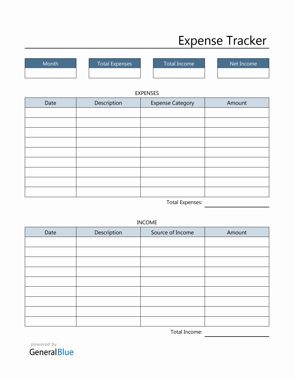 Expense Tracker in PDF (Blue)