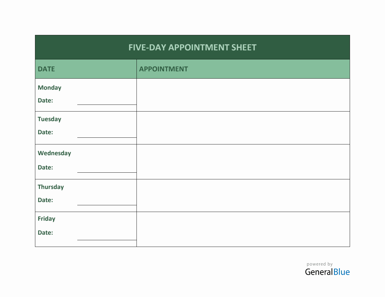 Five-Day Appointment Sheet Template in PDF (Printable)