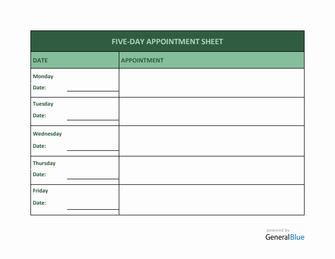 Five-Day Appointment Sheet Template in PDF (Printable)
