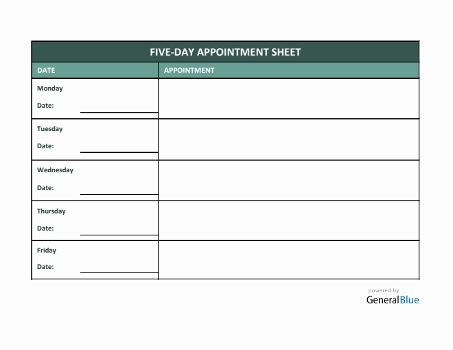 Five-Day Appointment Sheet Template in Excel (Printable)