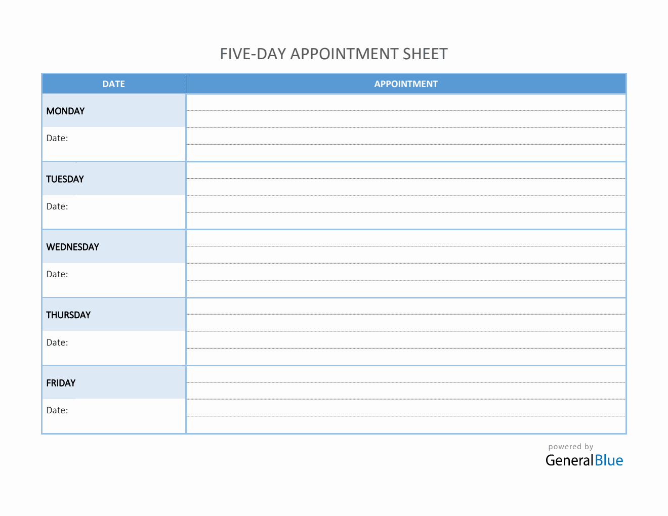 Five-Day Appointment Sheet Template in PDF (Basic)