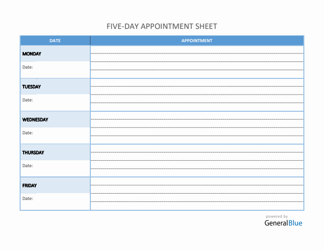 Five-Day Appointment Sheet Template in Word (Basic)