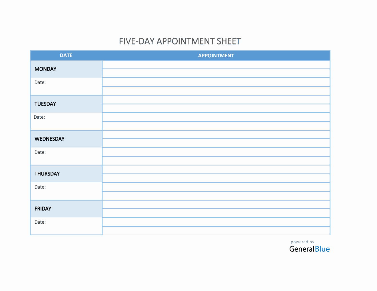 Five-Day Appointment Sheet Template in Excel (Basic)