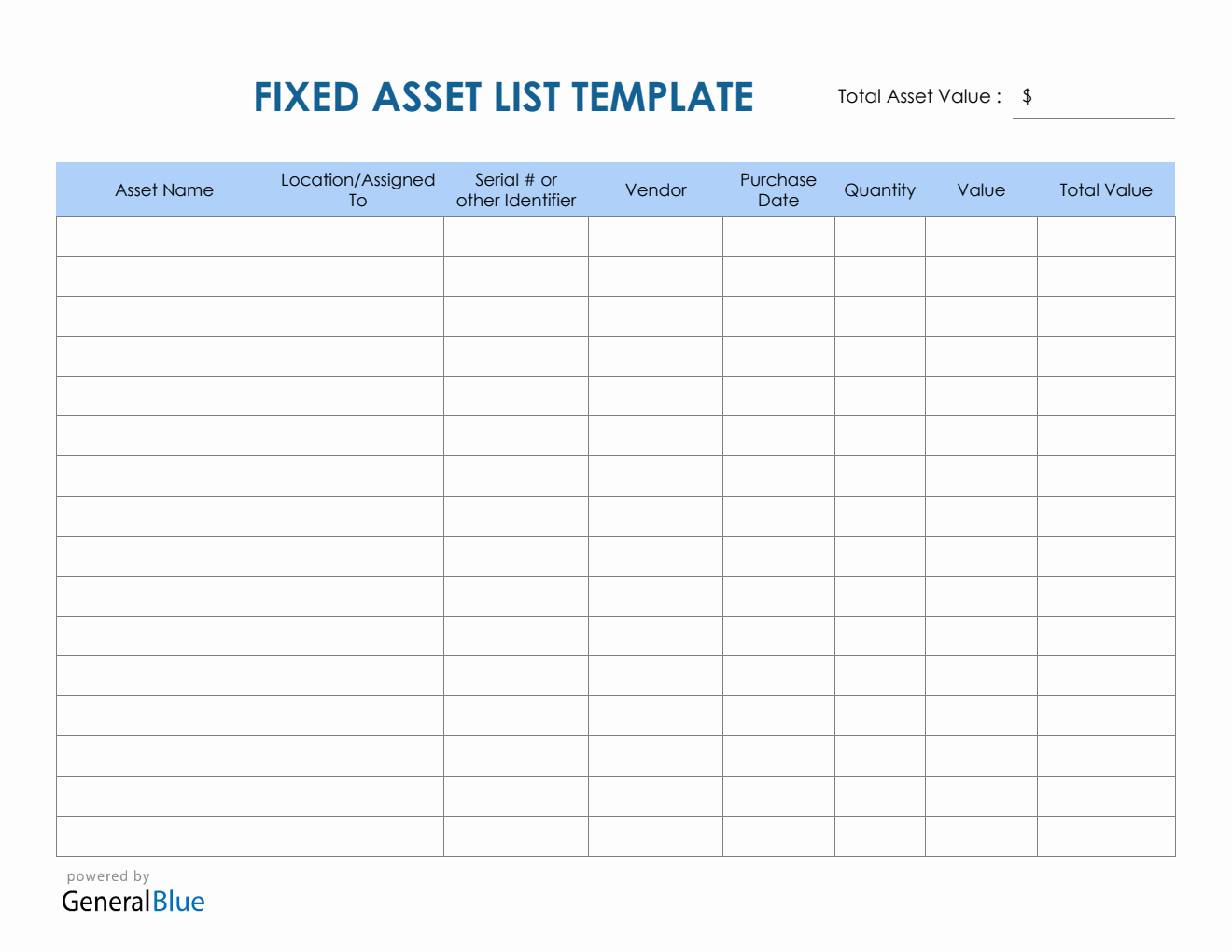 Fixed Asset List Template in Word