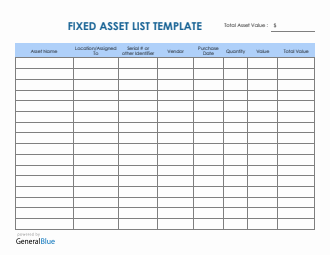 Excel Fixed Asset List Template