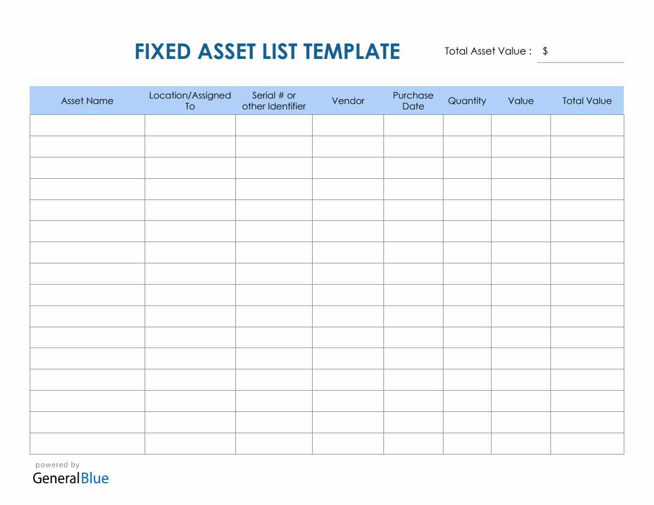 Fixed Asset List Template in PDF