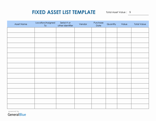 Fixed Asset List Template in PDF