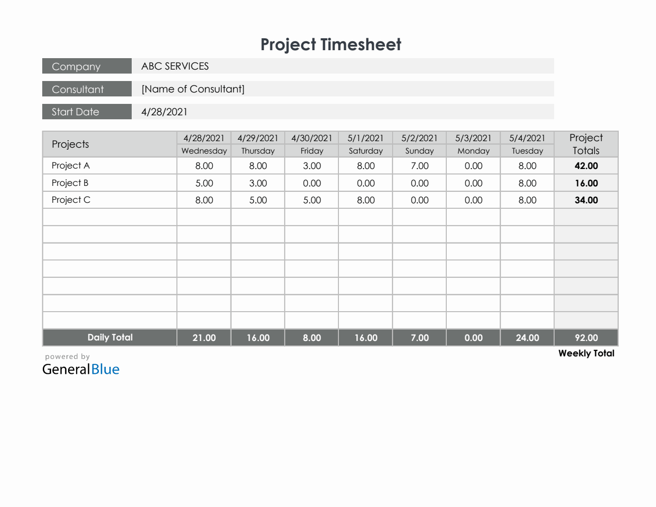 Project Timesheet in Excel (Printable)
