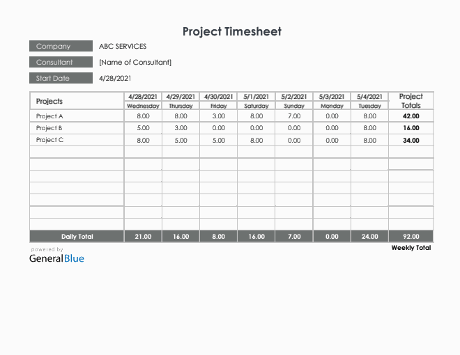 Project Timesheet in Excel (Printable)