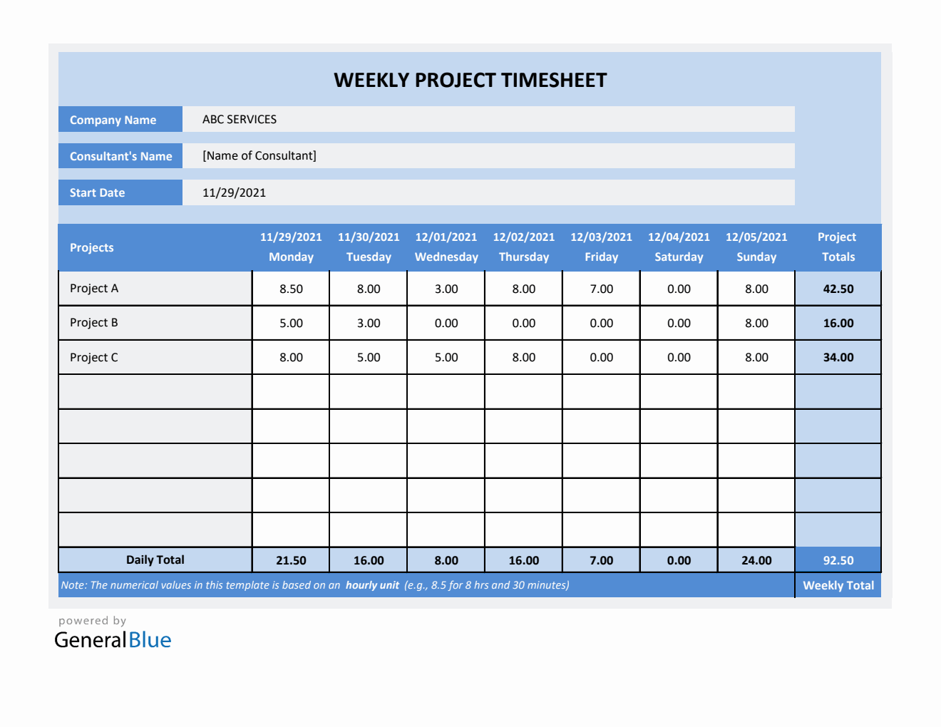 Project Timesheet in Excel (Blue)